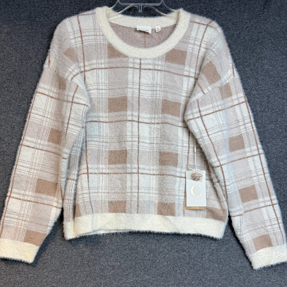 Cyrus Fuzzy Pullover Sweater Hamilton Windowpane White Beige - Used